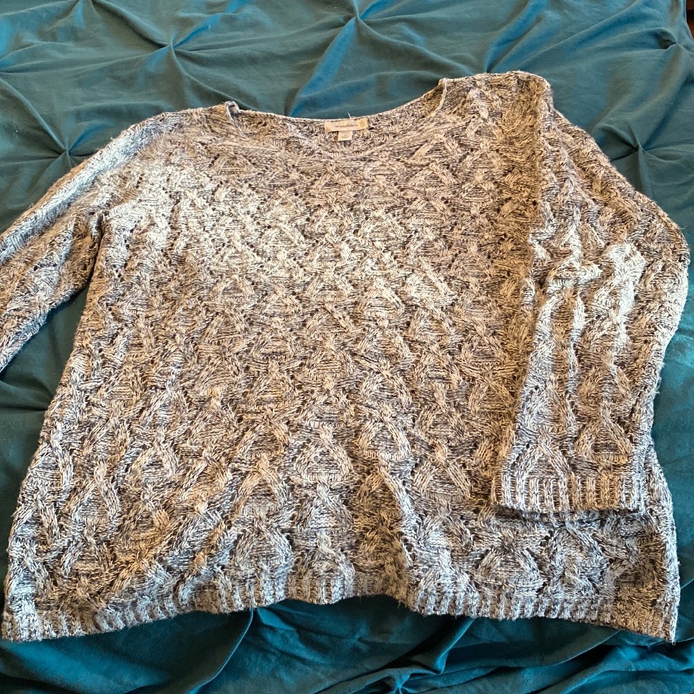 Gray Heather sweater with open weave cables